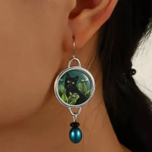 Black Cat Dragonfly Earrings Nature Boho Dangle Teal Bead Animal Lover Earrings - Picture 7 of 10